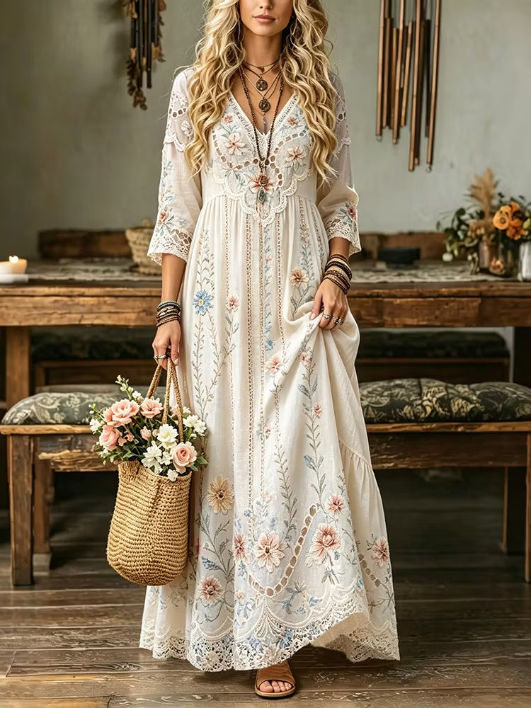 Vestido Largo Holgado Manga Larga Con Cuello En V Y Encaje Floral Impreso Vintage Hasta El Tobillo