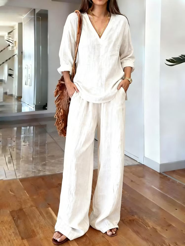Two-Piece Set: Long Sleeve V-Neck Top and Retro Style Cotton Pants with Pockets