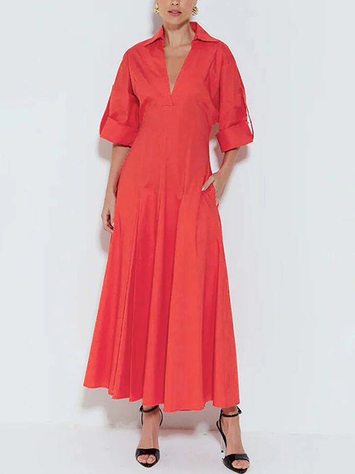 VESTIDO MAXI CAMISEIRO PLISSADO DE ALGODÃO COM CINTURA ALTA E DECOTE EM V