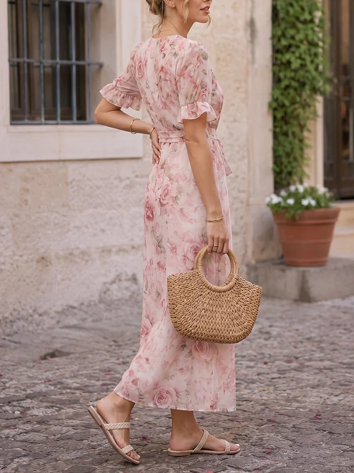 Vestido Maxi Floral com Folhos, Abertura Lateral, Cintura para Atar e Decote em V Profundo