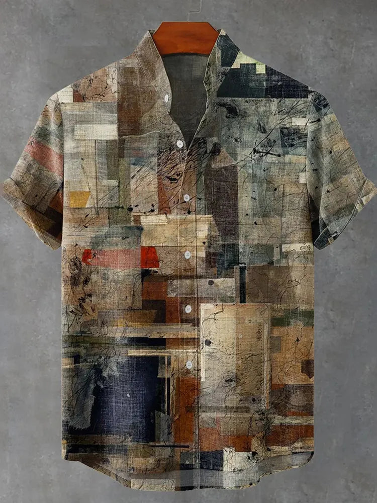 Camisa De Algodão E Linho Masculina Retro Com Estampado De Textura Desgastada