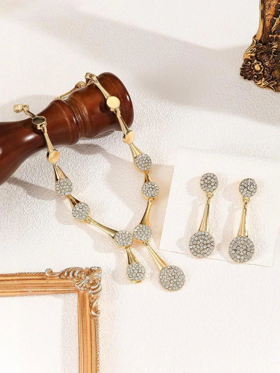 Conjunto De Collar Y Pendientes Geométrico Con Strass (3 Pcs)