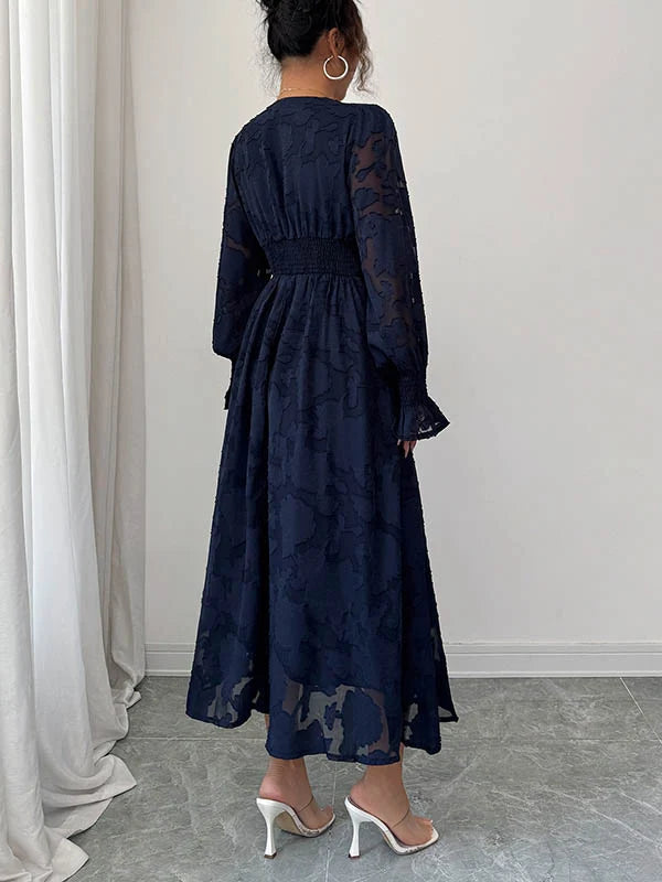 Vestido Midi Jacquard Com Folhos, Cintura Elástica, Decote Em V Profundo E Estampado De Folhas