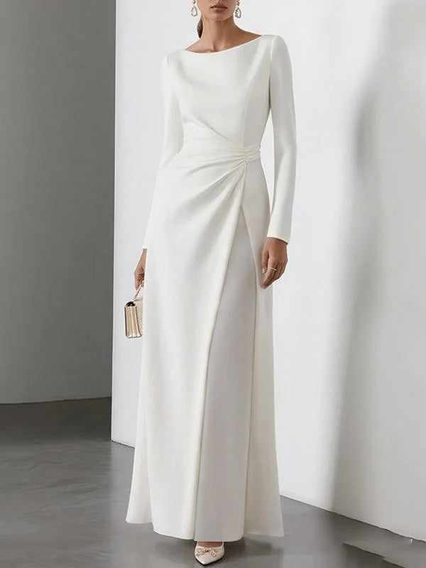 VESTIDO MAXI PLISADO EN GASA CINTURA ALTA MANGA LARGA CUELLO REDONDO COLOR SOLIDO