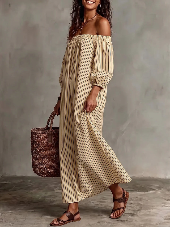 Vestido Midi Plus Size Hombros Descubiertos A Rayas