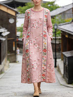 Vestido maxi largo de lino con estampado patchwork de sakura japonesa