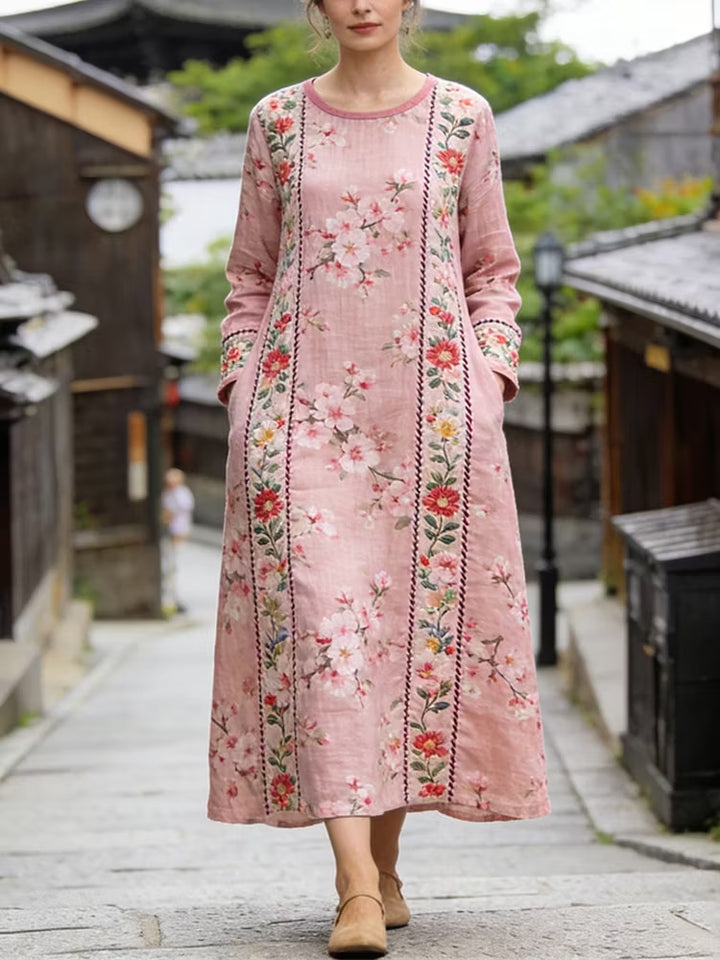 Vestido Maxi Largo De Linho Com Padrão Patchwork De Sakura Japonesa