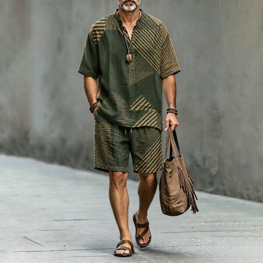 Men's Two-Piece Outfit Short Sleeve Shirt and Shorts Retro Geometric Print