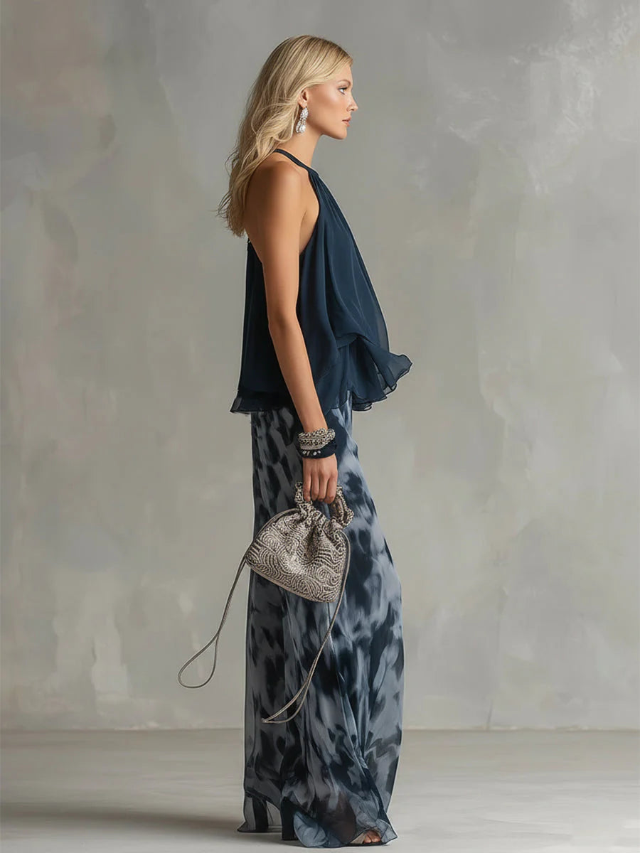 Luna | Elegante conjunto de gasa con top de cuello alto y pantalones anchos estampados
