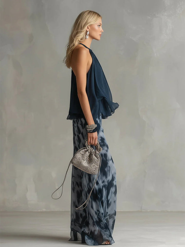 Luna | Conjunto Elegante De Gasa Com Top De Gola Alta E Calças Largas Estampadas
