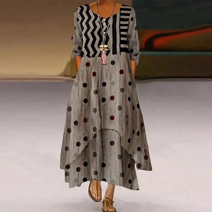 Vestido Maxi Casual de Manga Comprida com Padrão de Bolinhas