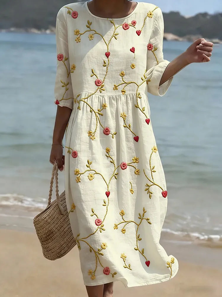 Vestido de lino vintage con estampado floral holgado manga 3/4