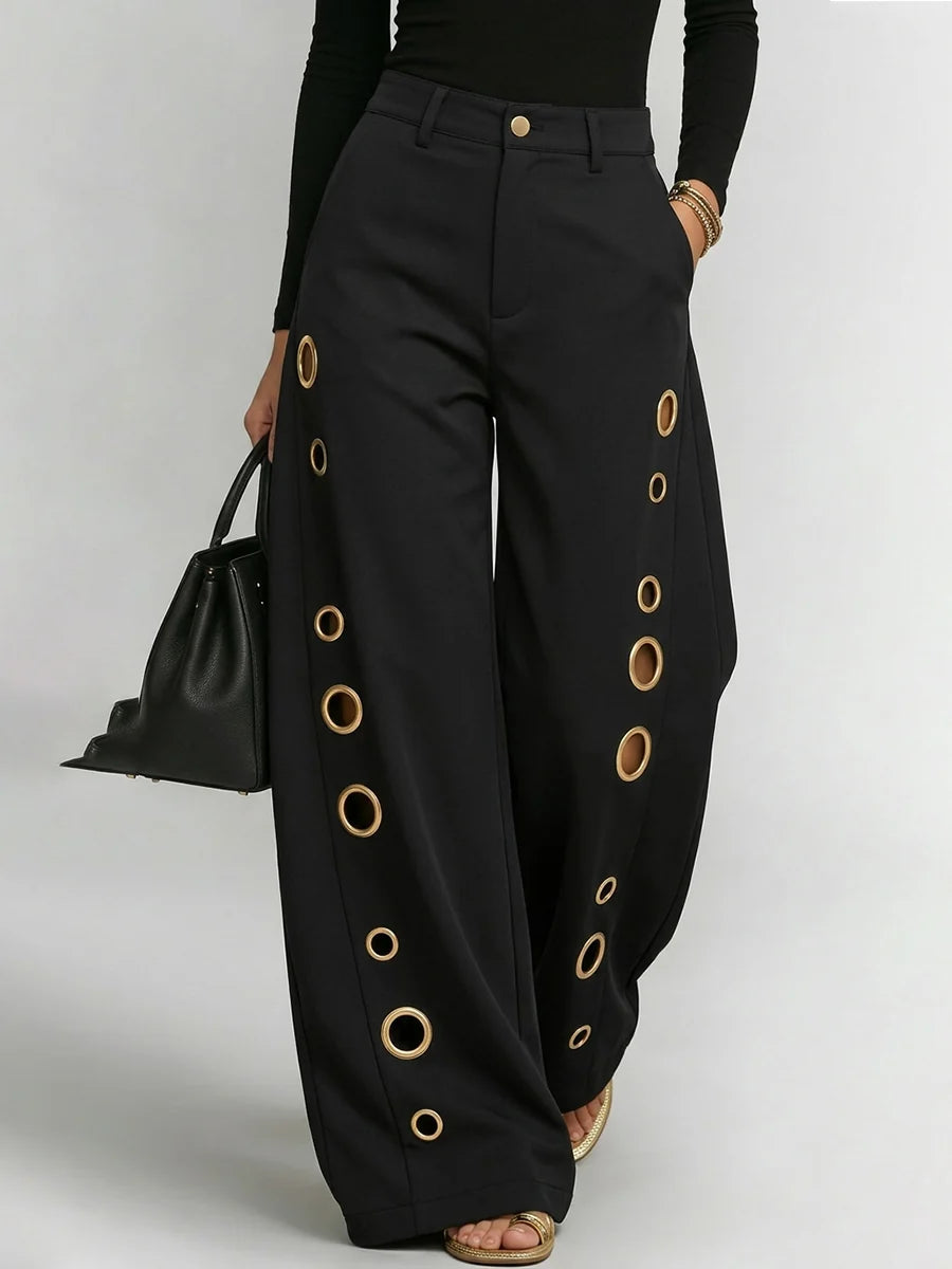 Pantalón De Pernera Ancha Cintura Alta Con Botones, Calado, Bolsillos Y Empalme - Color Liso