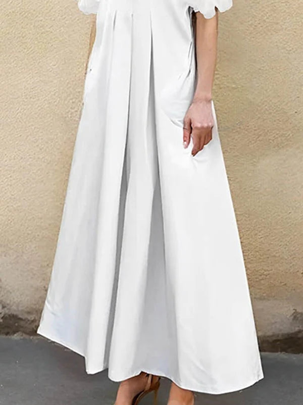 Vestido Maxi Camisero Suelto Plisado Con Solapa Y Corte En A En Color Sólido