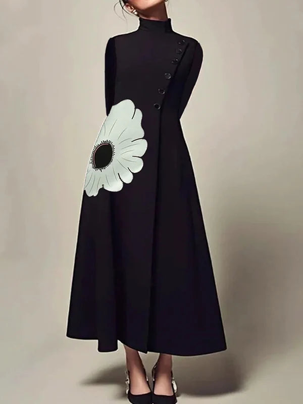 VESTIDO MIDI FLORAL GOLA ALTA EM A MANGA COMPRIDA MULHER - OUTONO INVERNO