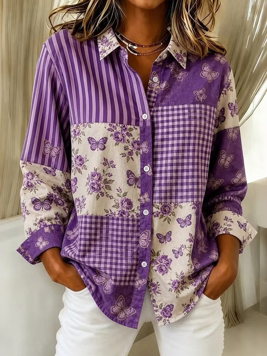 Camisa Retro Con Solapa - Estampado Patchwork Floral Mariposa Rayas Cuadros Manga Larga