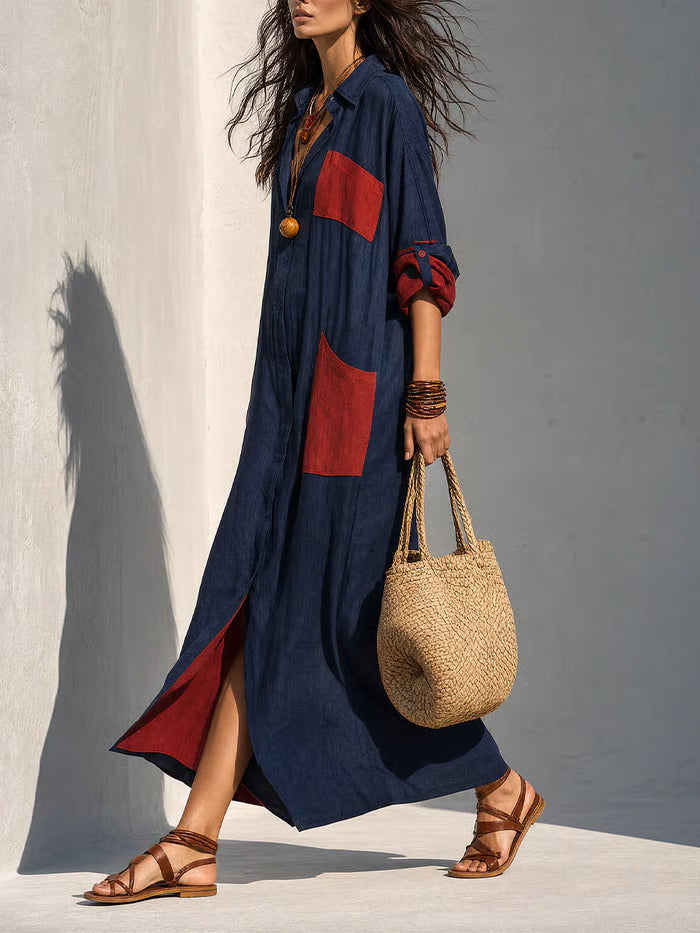 VESTIDO MIDI OVERSIZE CON BOLSILLOS PARCHE - ELEGANCIA SIN ESFUERZO