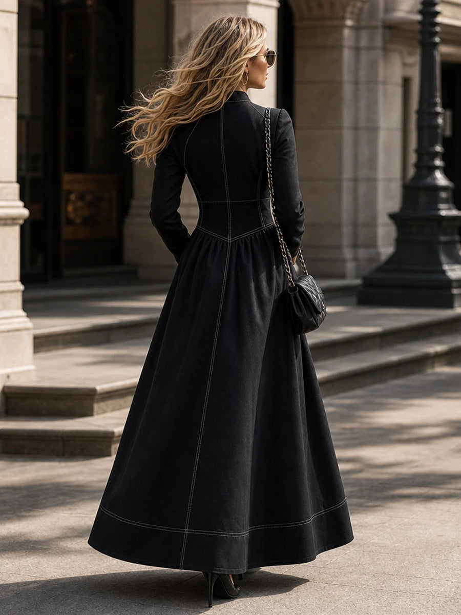 Vestido Maxi Con Cuello Alto Y Mangas Plisadas En Color Contrastante