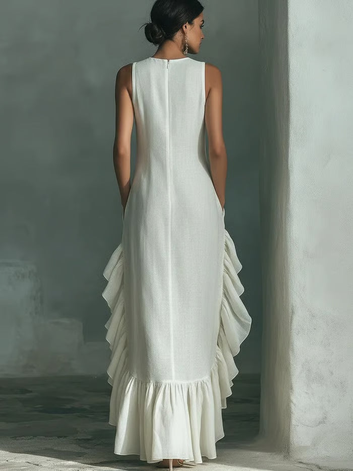 Vestido Maxi Sin Mangas Con Volantes Laterales En Cascada Y Bolsillos