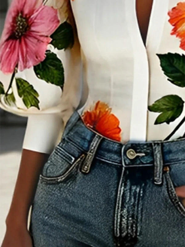 Blusa De Mangas Abullonadas Asimétrica Con Estampado Floral, Empalme Y Solapa