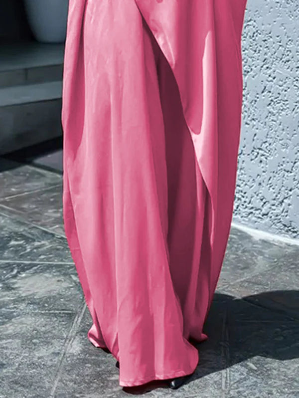 VESTIDO MAXI CAMISEIRO PLISSADO ASSIMÉTRICO COM DECOTE EM V E MANGA CURTA
