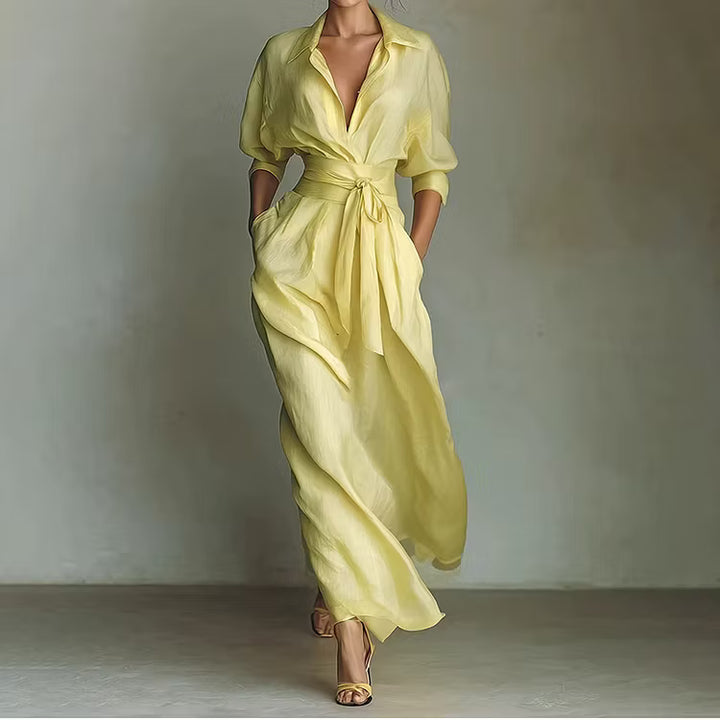 Vestido Elegante Manga 3/4 Con Solapa Color Sólido Y Paneles Hasta El Tobillo Estilo Retro Francés