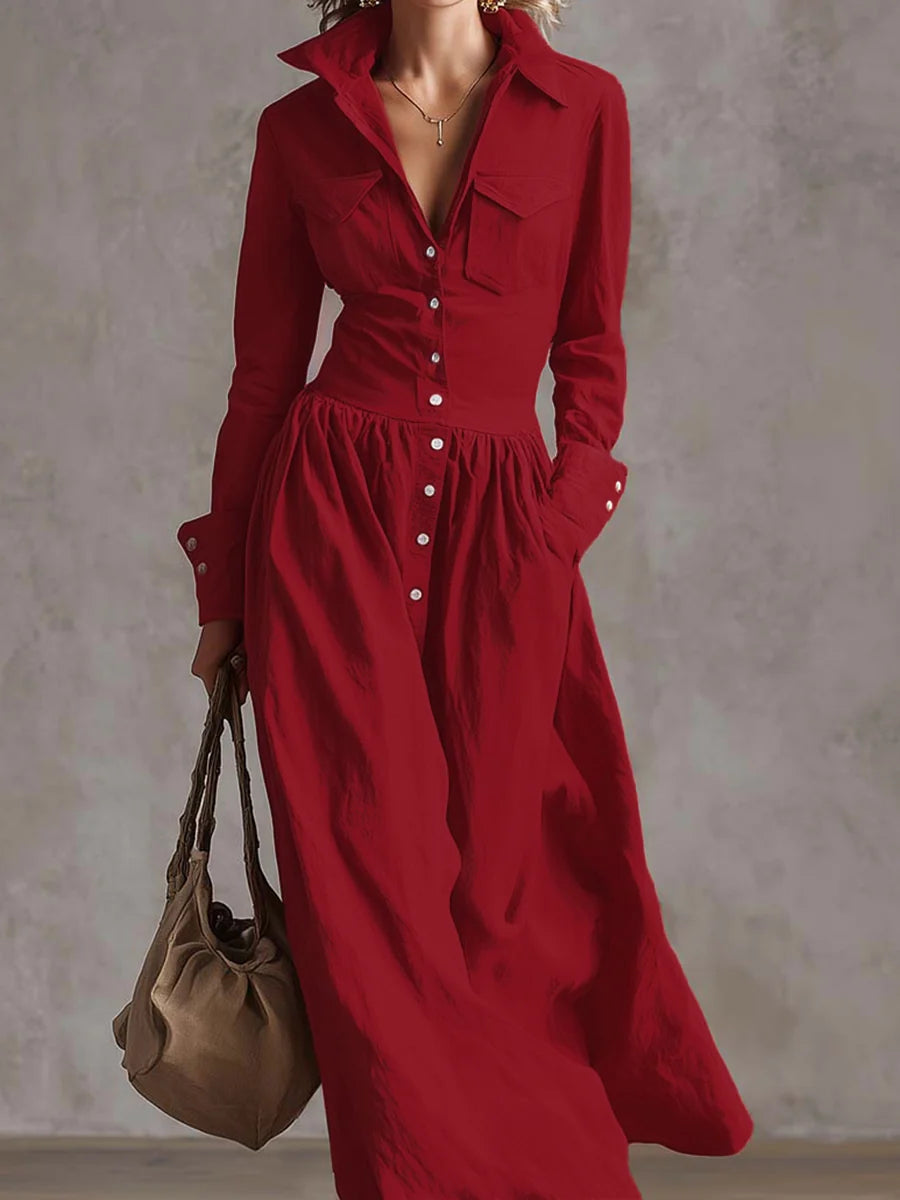 Vestido Maxi Camisero Plisado Con Solapa Dividida, Cintura Alta, Bolsillos Y Manga Larga En Color Sólido