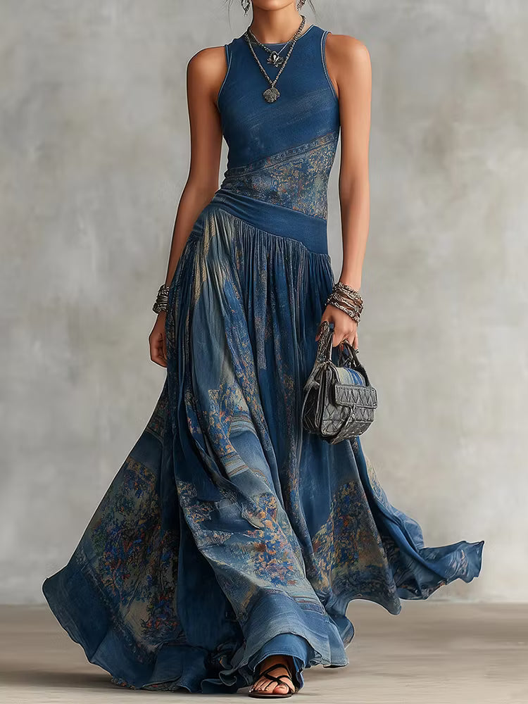 Vestido Maxi Elegante Sem Mangas, Gola Redonda, Com Estampado Retro Até Ao Chão