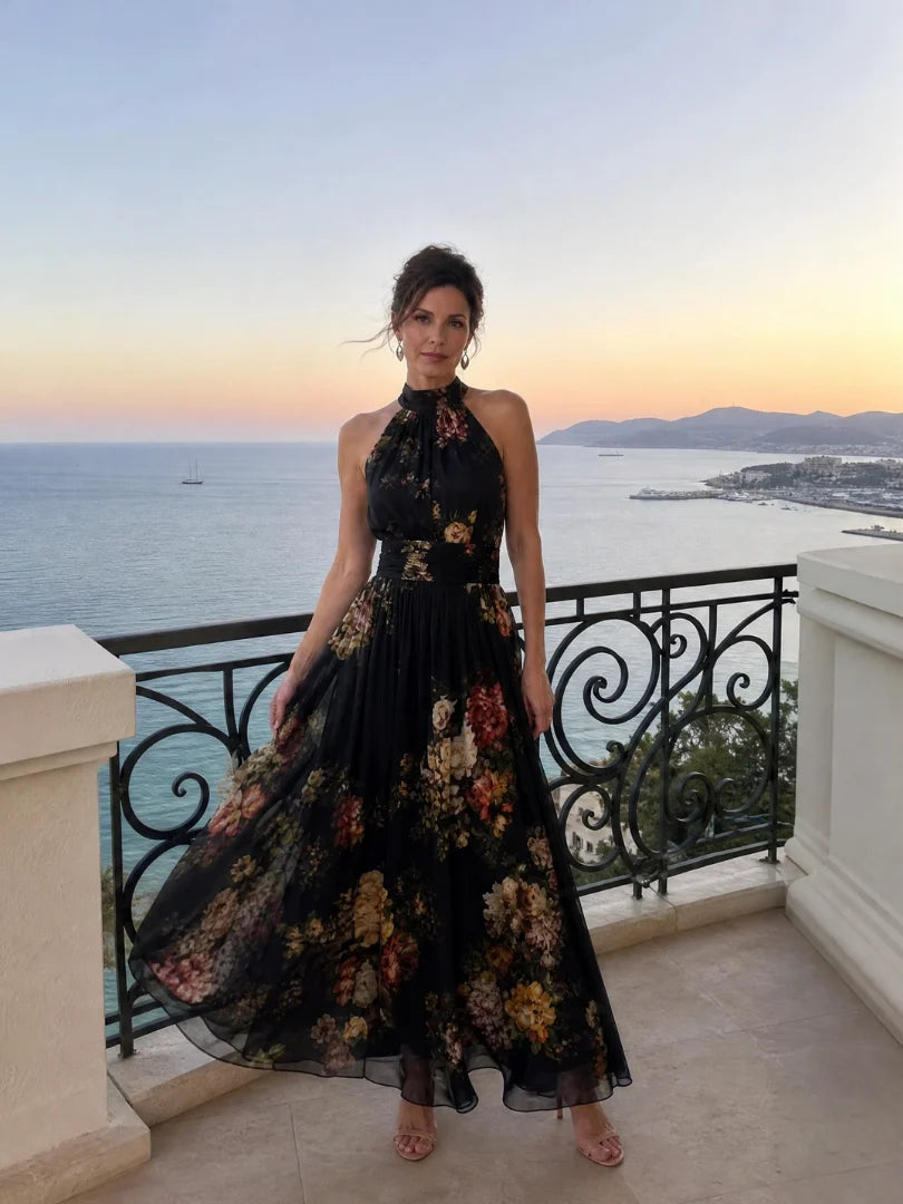 Silvia | Vestido Midi Floral Con Escote Halter Y Falda Fluida