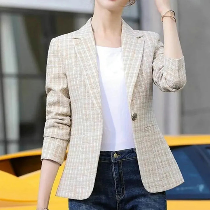 Women's Plaid Blazer with One Button – Elegant Office Jacket