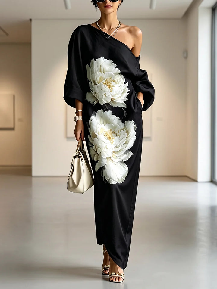 Vestido Maxi Floral Suelto De Un Hombro Con Manga Asimétrica Tres Cuartos Y Bolsillos