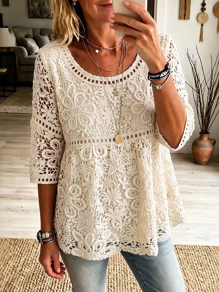 Blusa Casual Manga 3/4 Com Padrão De Renda Bordada Vintage Em Algodão