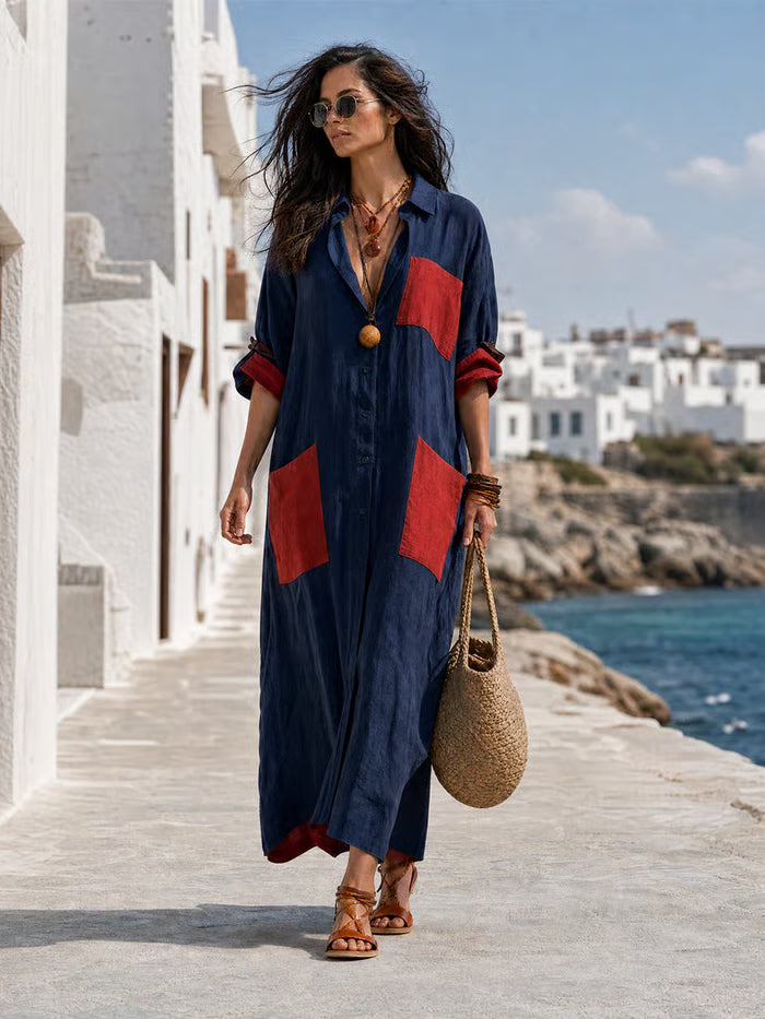 VESTIDO MIDI OVERSIZE CON BOLSILLOS PARCHE - ELEGANCIA SIN ESFUERZO