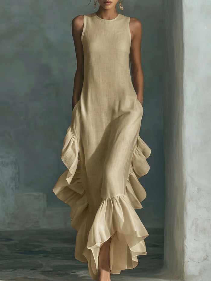 Vestido Maxi Sin Mangas Con Volantes Laterales En Cascada Y Bolsillos