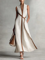 Vestido maxi suelto sin mangas cuello redondo bolsillos color contrastante