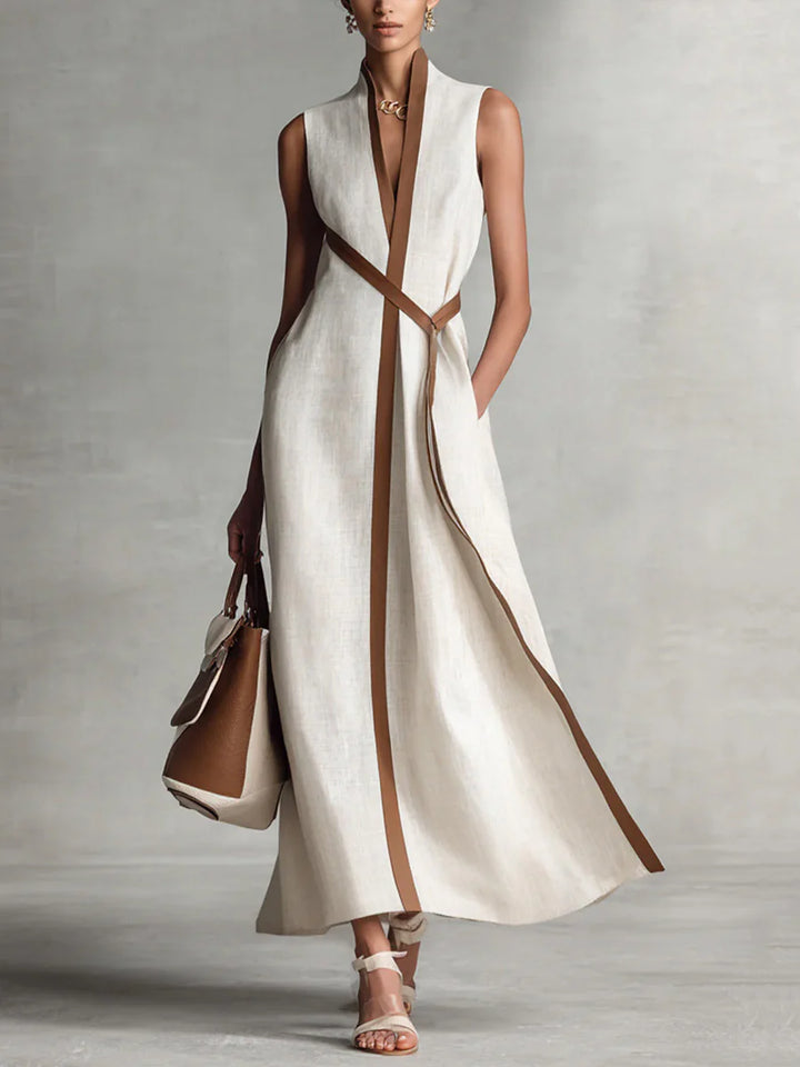 Vestido Maxi Solto Sem Mangas Gola Redonda Bolsos Cor Contrastante