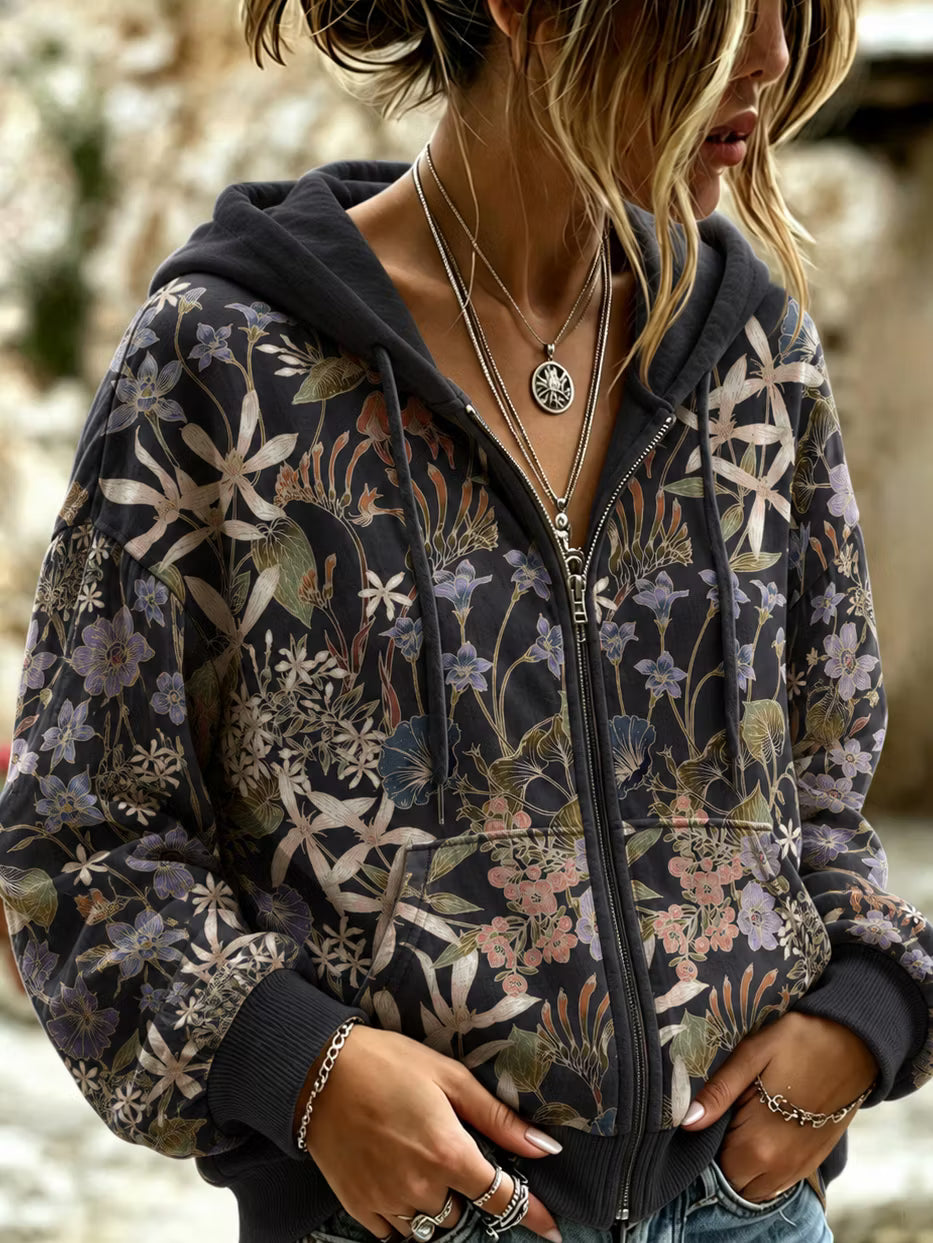 Top Fluido Con Capucha Y Cremallera - Estampado Floral Art Otoño Invierno