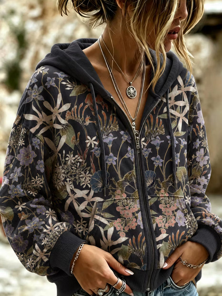 Top Fluido Con Capucha Y Cremallera - Estampado Floral Art Otoño Invierno