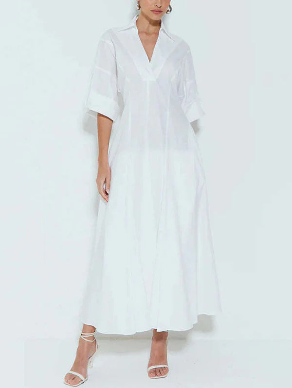 VESTIDO MAXI CAMISEIRO PLISSADO DE ALGODÃO COM CINTURA ALTA E DECOTE EM V