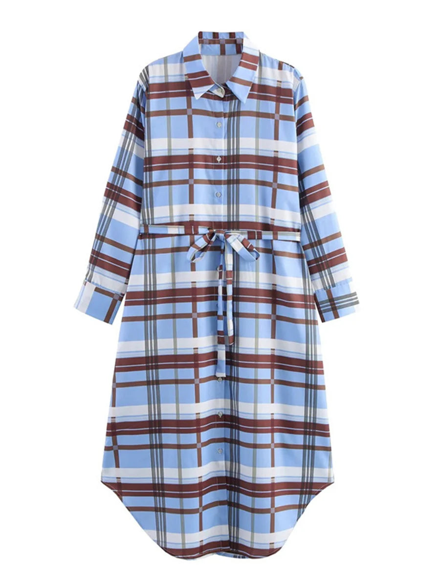 Vestido Midi De Cuadros Contrastantes Con Solapa, Manga Larga Y Botones