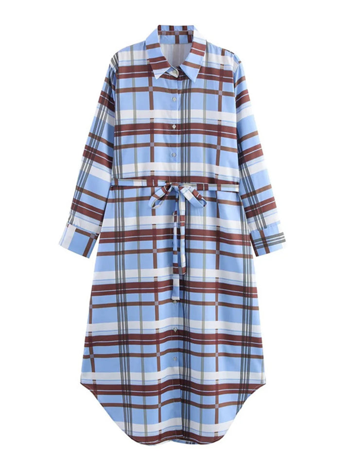 Vestido Midi De Cuadros Contrastantes Con Solapa, Manga Larga Y Botones