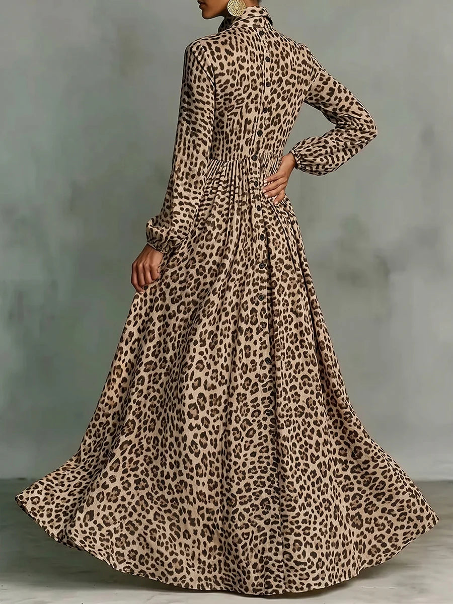Vestido maxi línea a manga larga leopardo abotonado solapa bolsillos color contrastante