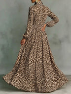 Vestido maxi línea a manga larga leopardo abotonado solapa bolsillos color contrastante