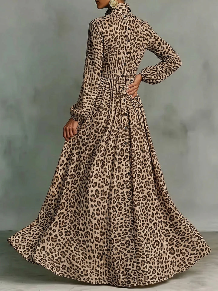 Vestido Maxi Linha A Manga Comprida Leopardo Abotoado Lapela Bolsos Cor Contraste
