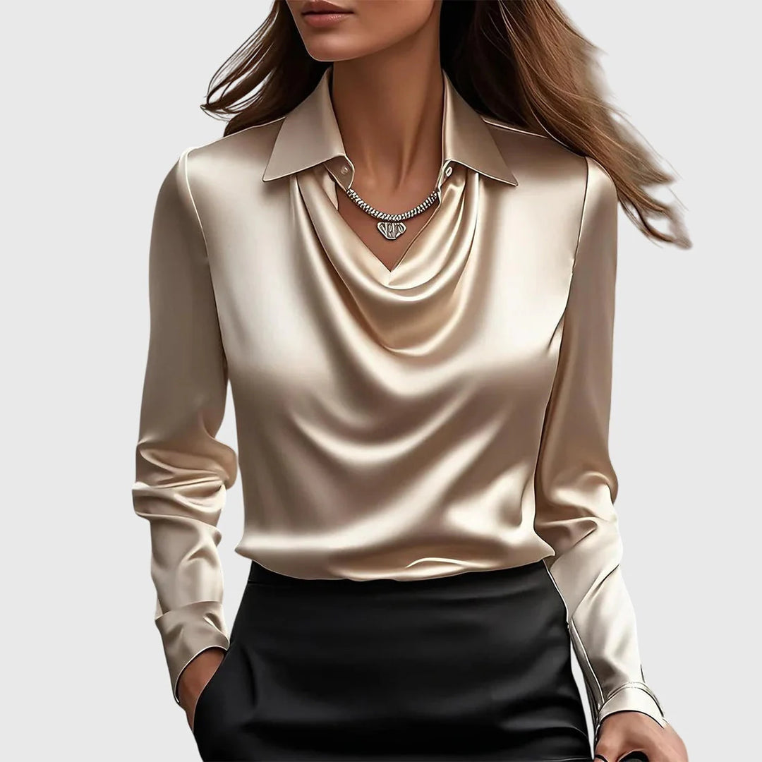Blusa Acetinada Elegante Com Gola Franzida