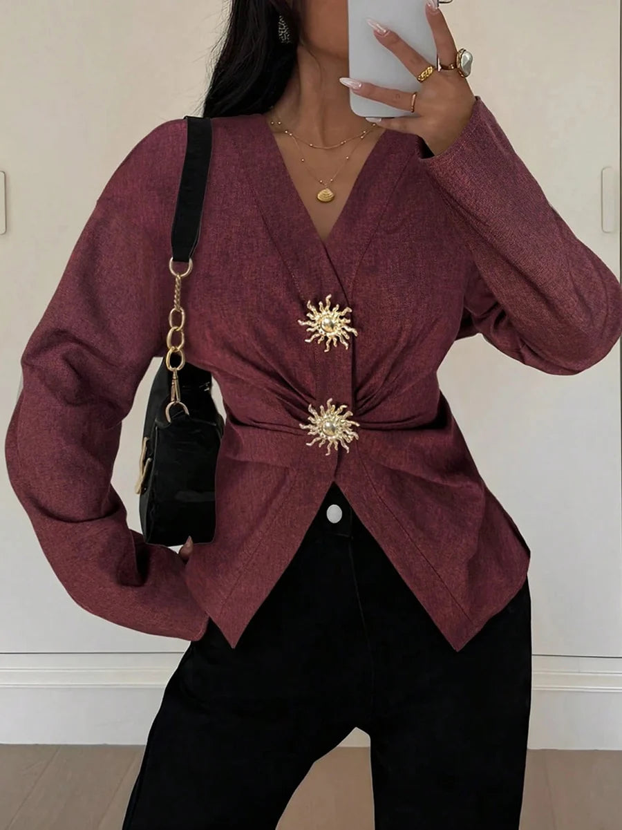 Blusa de Manga Comprida Franzida em Camadas com Gola em V