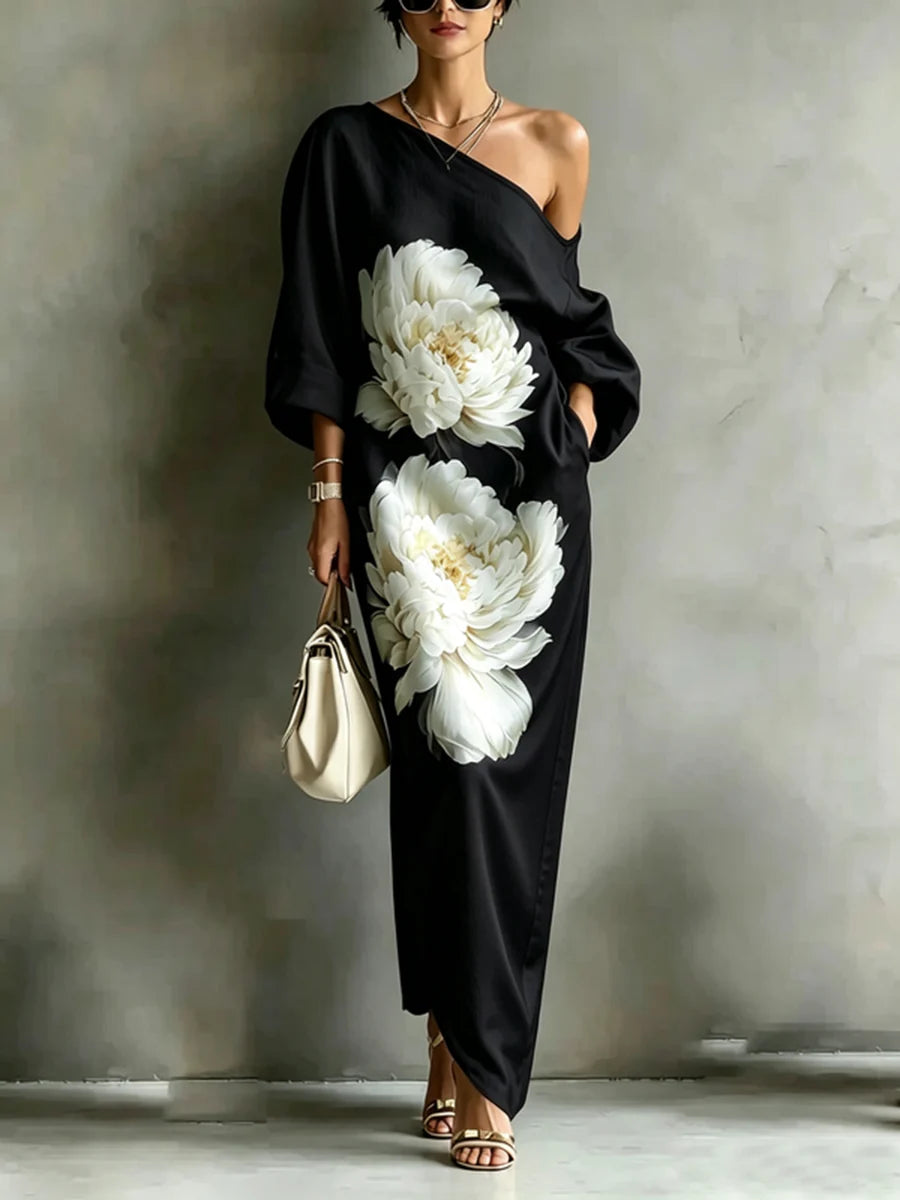 Vestido Maxi Floral Suelto De Un Hombro Con Manga Asimétrica Tres Cuartos Y Bolsillos