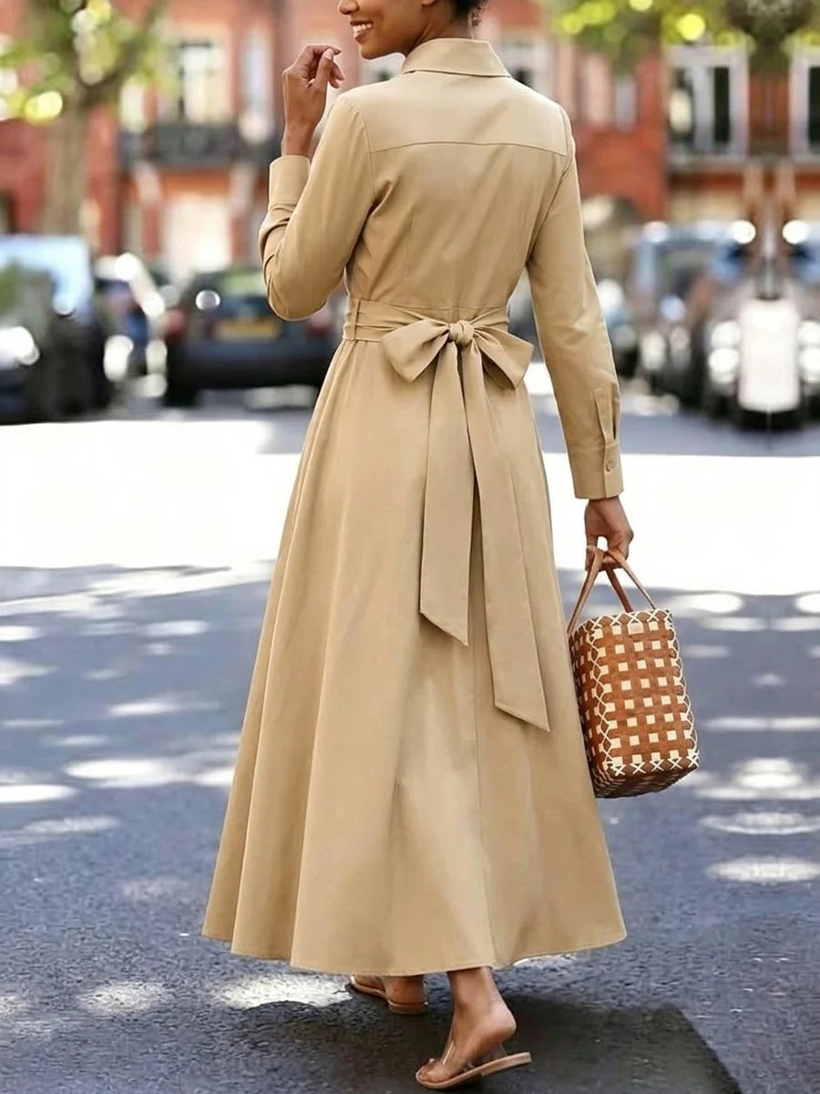 Vestido Maxi Camisero De Color Sólido Con Bolsillos, Botones, Manga Larga, Cintura Alta Y Lapela