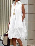 Vestido midi camisero sin mangas abotonado solapa color sólido