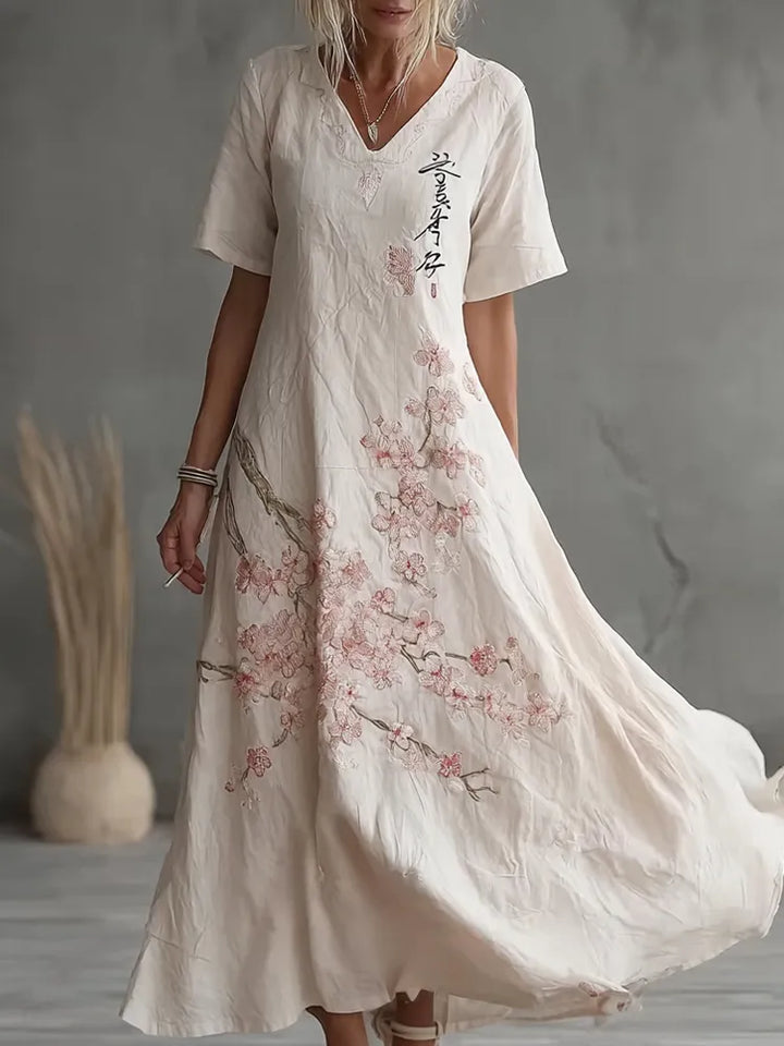 Vestido Informal De Lino Con Estampado De Bordado Sakura